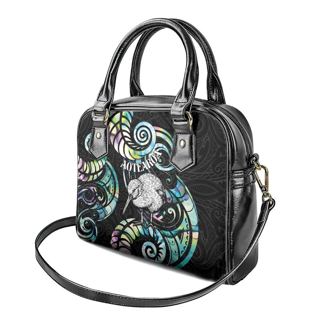 New Zealand Kiwi Bird Shoulder Handbag Silver Fern Koru Paua Shell