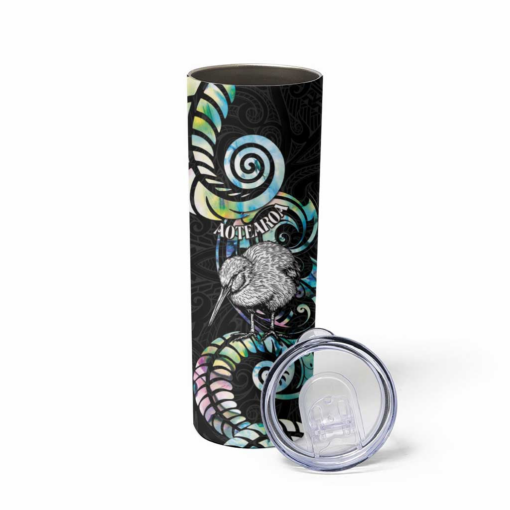 New Zealand Kiwi Bird Skinny Tumbler Silver Fern Koru Paua Shell DT04 - Polynesian Pride