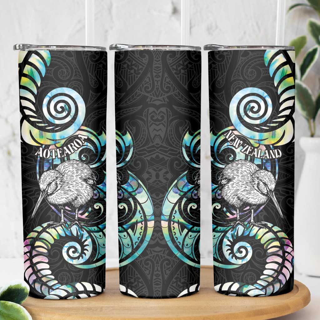 New Zealand Kiwi Bird Skinny Tumbler Silver Fern Koru Paua Shell DT04 - Polynesian Pride