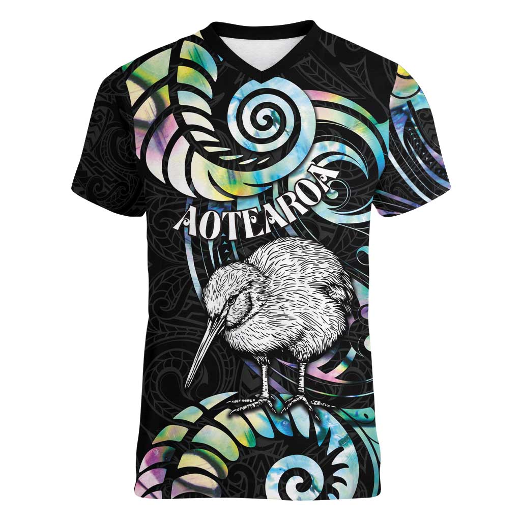 New Zealand Kiwi Bird Women V-Neck T-Shirt Silver Fern Koru Paua Shell DT04 Female Black - Polynesian Pride