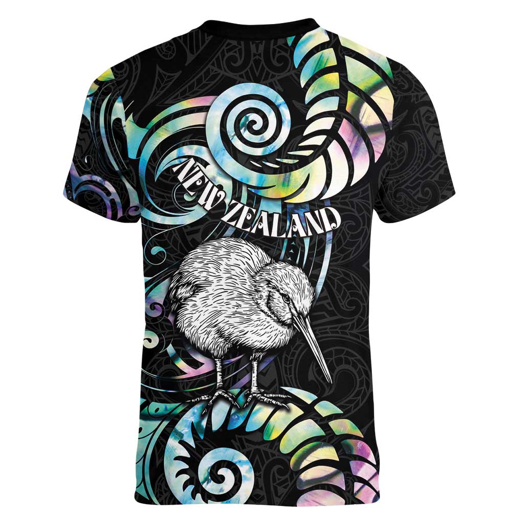 New Zealand Kiwi Bird Women V-Neck T-Shirt Silver Fern Koru Paua Shell DT04 - Polynesian Pride