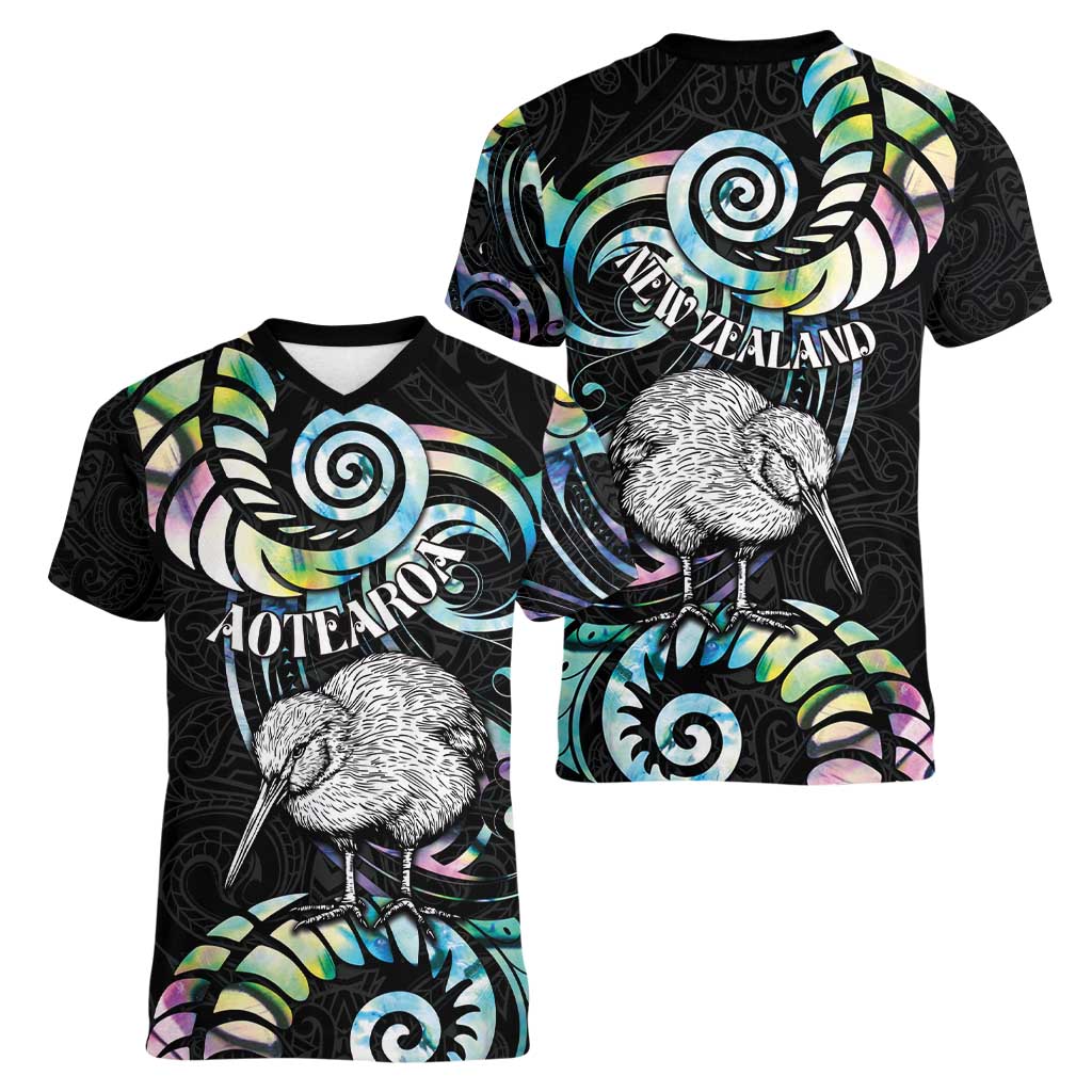 New Zealand Kiwi Bird Women V-Neck T-Shirt Silver Fern Koru Paua Shell DT04 - Polynesian Pride