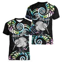 New Zealand Kiwi Bird Women V-Neck T-Shirt Silver Fern Koru Paua Shell DT04 - Polynesian Pride