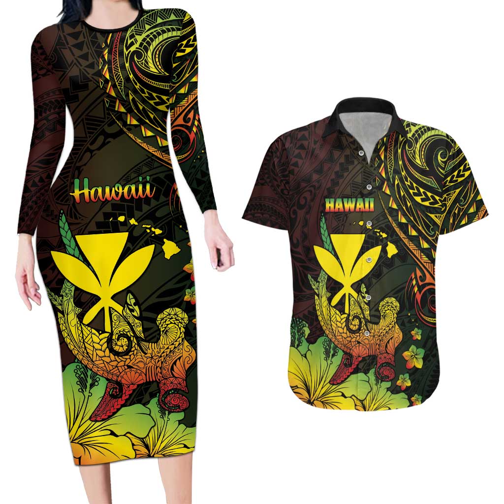 Personalised Hawaii Couples Matching Long Sleeve Bodycon Dress and Hawaiian Shirt Kanaka Maoli With Hammerhead Shark DT04 Black - Polynesian Pride