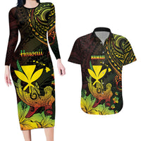 Personalised Hawaii Couples Matching Long Sleeve Bodycon Dress and Hawaiian Shirt Kanaka Maoli With Hammerhead Shark DT04 Black - Polynesian Pride