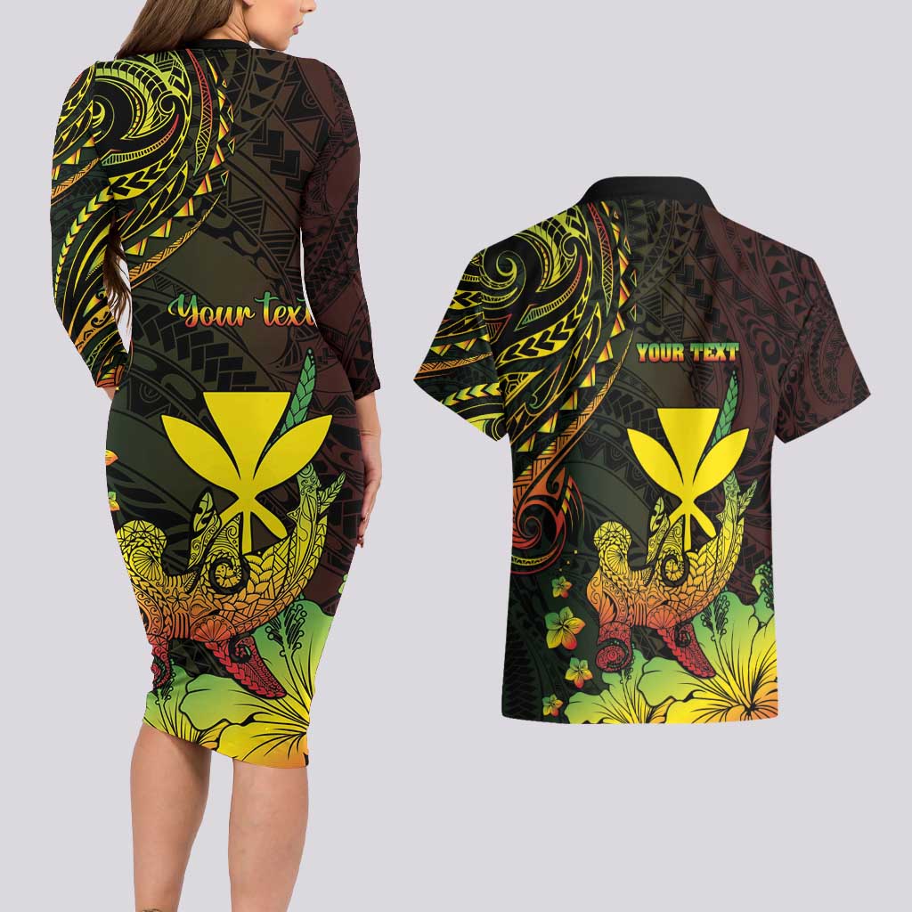 Personalised Hawaii Couples Matching Long Sleeve Bodycon Dress and Hawaiian Shirt Kanaka Maoli With Hammerhead Shark DT04 - Polynesian Pride