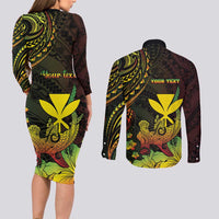 Personalised Hawaii Couples Matching Long Sleeve Bodycon Dress and Long Sleeve Button Shirt Kanaka Maoli With Hammerhead Shark DT04 - Polynesian Pride