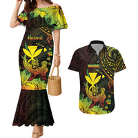 Personalised Hawaii Couples Matching Mermaid Dress and Hawaiian Shirt Kanaka Maoli With Hammerhead Shark DT04 Black - Polynesian Pride