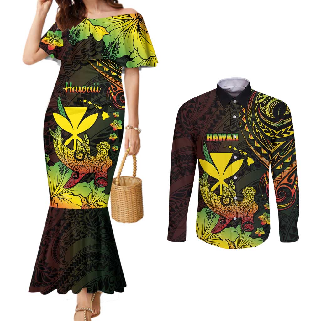 Personalised Hawaii Couples Matching Mermaid Dress and Long Sleeve Button Shirt Kanaka Maoli With Hammerhead Shark DT04 Black - Polynesian Pride