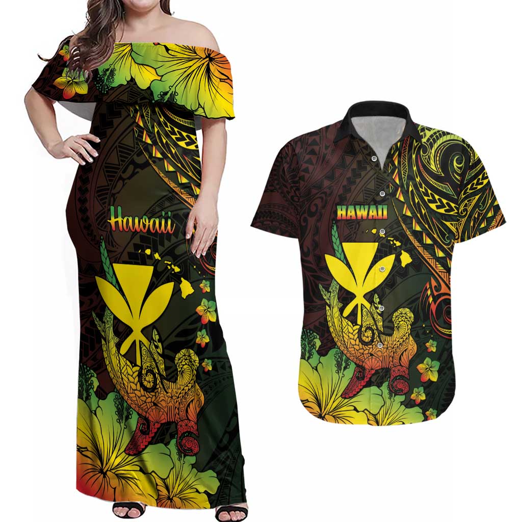 Personalised Hawaii Couples Matching Off Shoulder Maxi Dress and Hawaiian Shirt Kanaka Maoli With Hammerhead Shark DT04 Black - Polynesian Pride