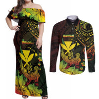 Personalised Hawaii Couples Matching Off Shoulder Maxi Dress and Long Sleeve Button Shirt Kanaka Maoli With Hammerhead Shark DT04 Black - Polynesian Pride