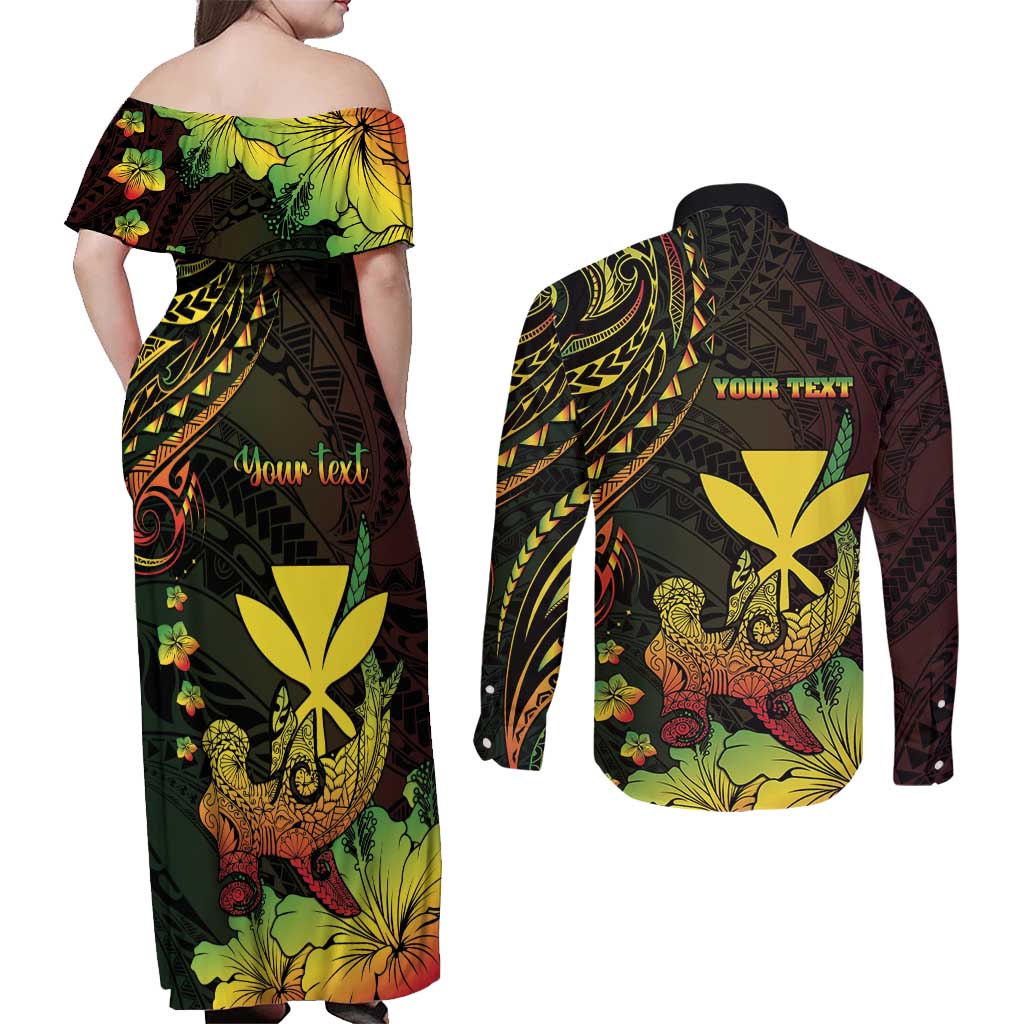 Personalised Hawaii Couples Matching Off Shoulder Maxi Dress and Long Sleeve Button Shirt Kanaka Maoli With Hammerhead Shark DT04 - Polynesian Pride