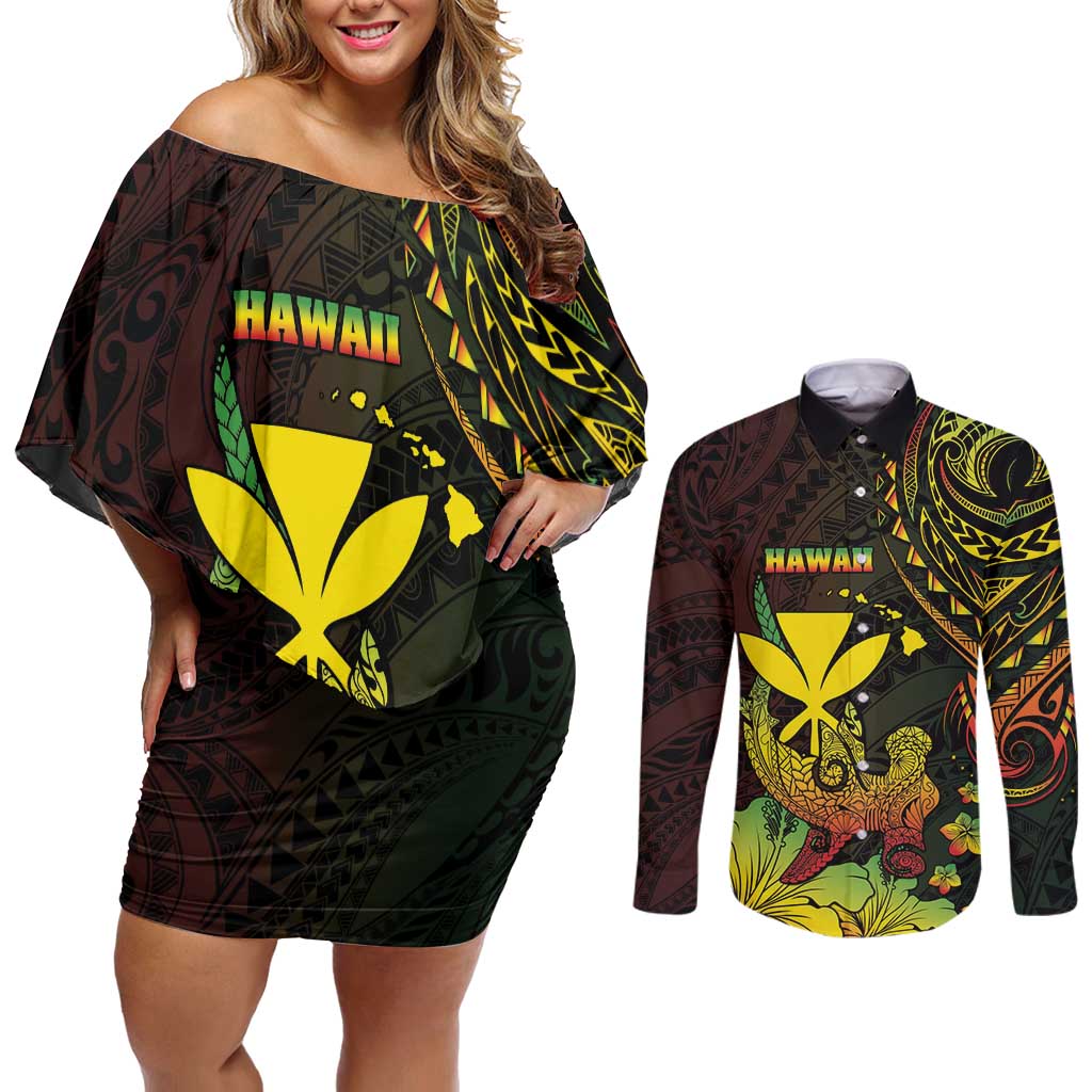Personalised Hawaii Couples Matching Off Shoulder Short Dress and Long Sleeve Button Shirt Kanaka Maoli With Hammerhead Shark DT04 Black - Polynesian Pride