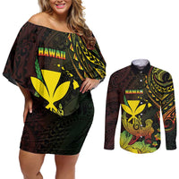 Personalised Hawaii Couples Matching Off Shoulder Short Dress and Long Sleeve Button Shirt Kanaka Maoli With Hammerhead Shark DT04 Black - Polynesian Pride