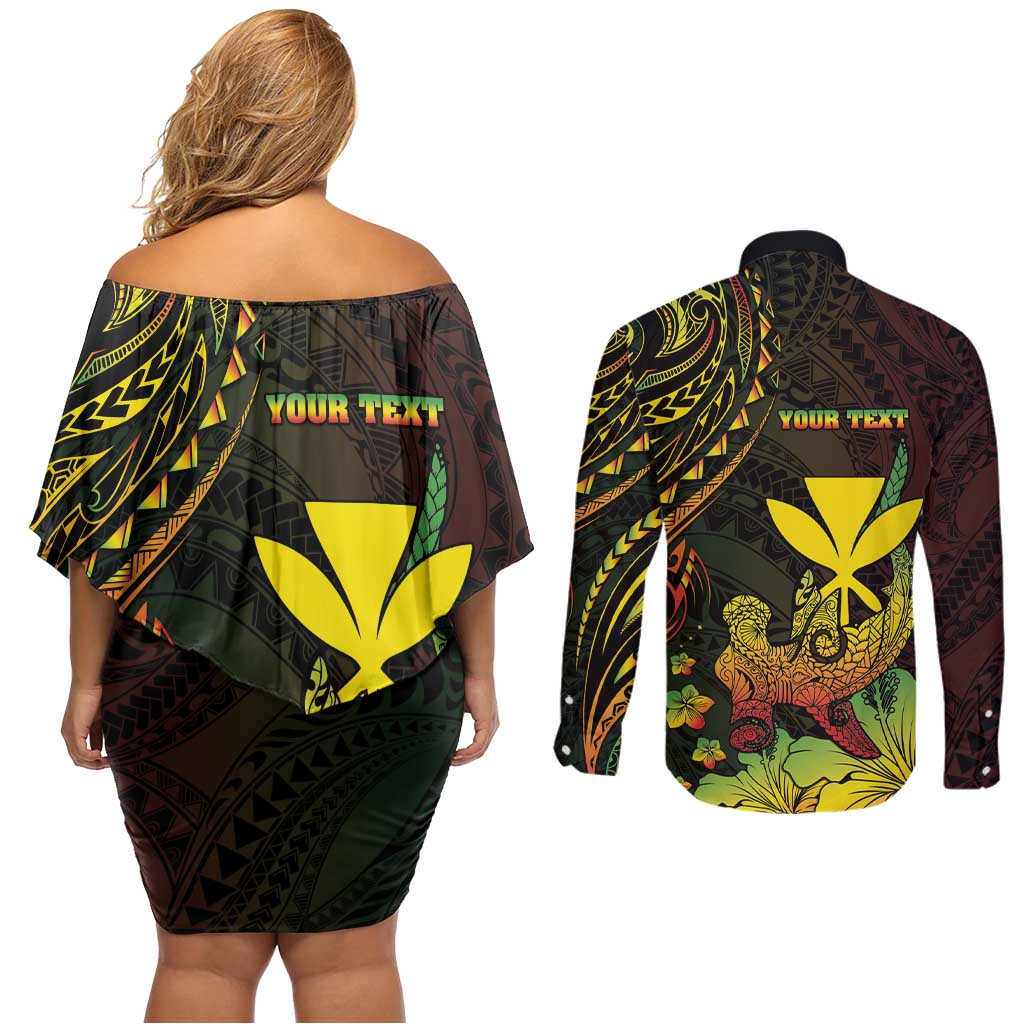 Personalised Hawaii Couples Matching Off Shoulder Short Dress and Long Sleeve Button Shirt Kanaka Maoli With Hammerhead Shark DT04 - Polynesian Pride