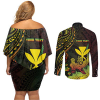 Personalised Hawaii Couples Matching Off Shoulder Short Dress and Long Sleeve Button Shirt Kanaka Maoli With Hammerhead Shark DT04 - Polynesian Pride