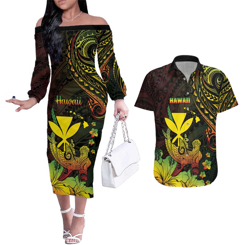 Personalised Hawaii Couples Matching Off The Shoulder Long Sleeve Dress and Hawaiian Shirt Kanaka Maoli With Hammerhead Shark DT04 Black - Polynesian Pride