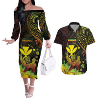 Personalised Hawaii Couples Matching Off The Shoulder Long Sleeve Dress and Hawaiian Shirt Kanaka Maoli With Hammerhead Shark DT04 Black - Polynesian Pride