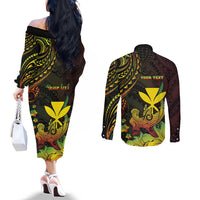 Personalised Hawaii Couples Matching Off The Shoulder Long Sleeve Dress and Long Sleeve Button Shirt Kanaka Maoli With Hammerhead Shark DT04 - Polynesian Pride