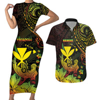 Personalised Hawaii Couples Matching Short Sleeve Bodycon Dress and Hawaiian Shirt Kanaka Maoli With Hammerhead Shark DT04 Black - Polynesian Pride