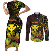 Personalised Hawaii Couples Matching Short Sleeve Bodycon Dress and Long Sleeve Button Shirt Kanaka Maoli With Hammerhead Shark DT04 Black - Polynesian Pride