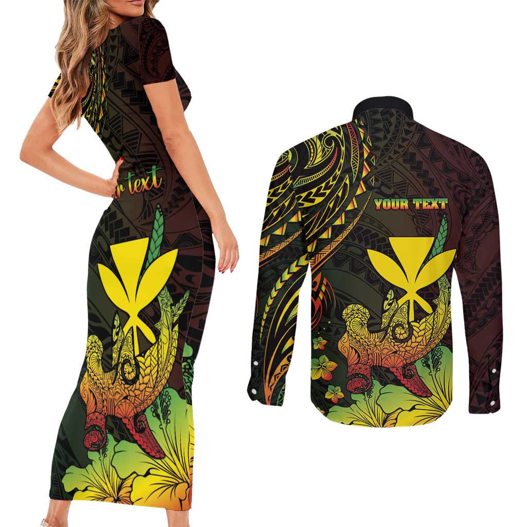 Personalised Hawaii Couples Matching Short Sleeve Bodycon Dress and Long Sleeve Button Shirt Kanaka Maoli With Hammerhead Shark DT04 - Polynesian Pride