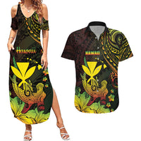 Personalised Hawaii Couples Matching Summer Maxi Dress and Hawaiian Shirt Kanaka Maoli With Hammerhead Shark DT04 Black - Polynesian Pride
