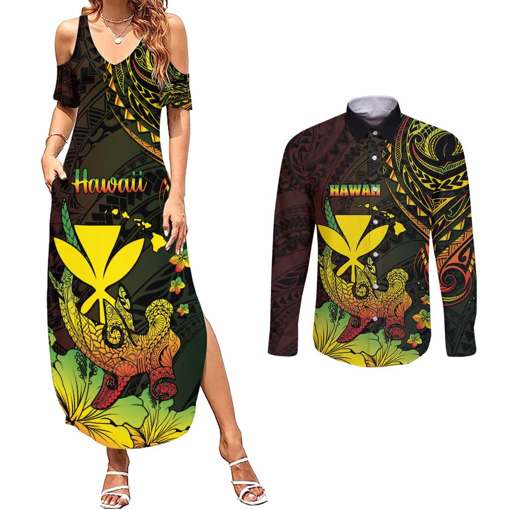 Personalised Hawaii Couples Matching Summer Maxi Dress and Long Sleeve Button Shirt Kanaka Maoli With Hammerhead Shark DT04 Black - Polynesian Pride