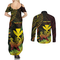 Personalised Hawaii Couples Matching Summer Maxi Dress and Long Sleeve Button Shirt Kanaka Maoli With Hammerhead Shark DT04 - Polynesian Pride