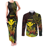 Personalised Hawaii Couples Matching Tank Maxi Dress and Long Sleeve Button Shirt Kanaka Maoli With Hammerhead Shark DT04 Black - Polynesian Pride