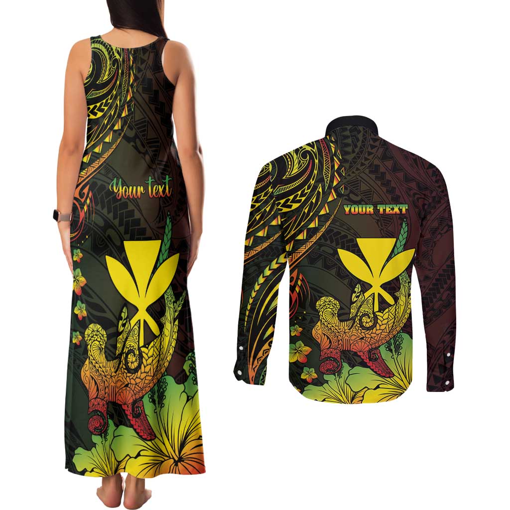 Personalised Hawaii Couples Matching Tank Maxi Dress and Long Sleeve Button Shirt Kanaka Maoli With Hammerhead Shark DT04 - Polynesian Pride