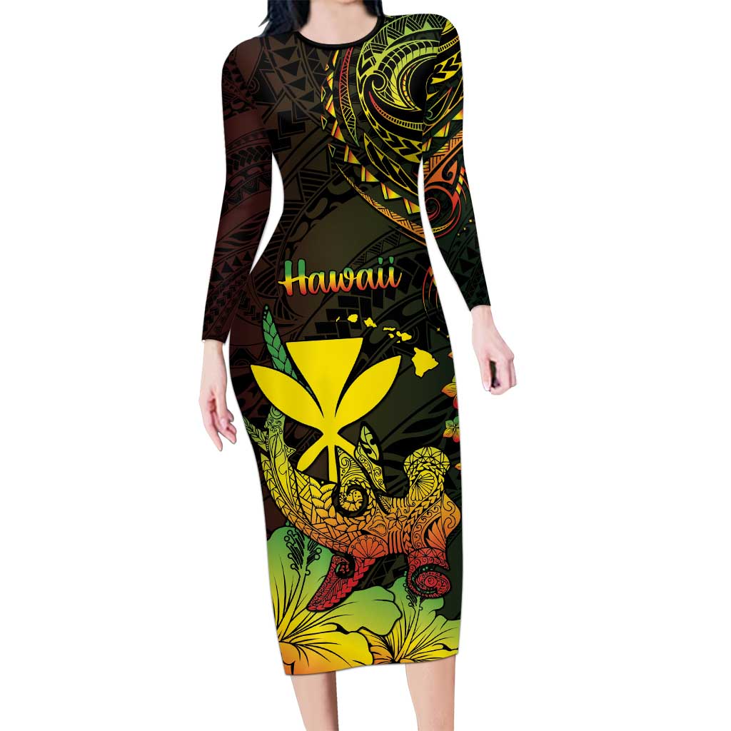 Personalised Hawaii Family Matching Long Sleeve Bodycon Dress and Hawaiian Shirt Kanaka Maoli With Hammerhead Shark DT04 Mom's Dress Black - Polynesian Pride