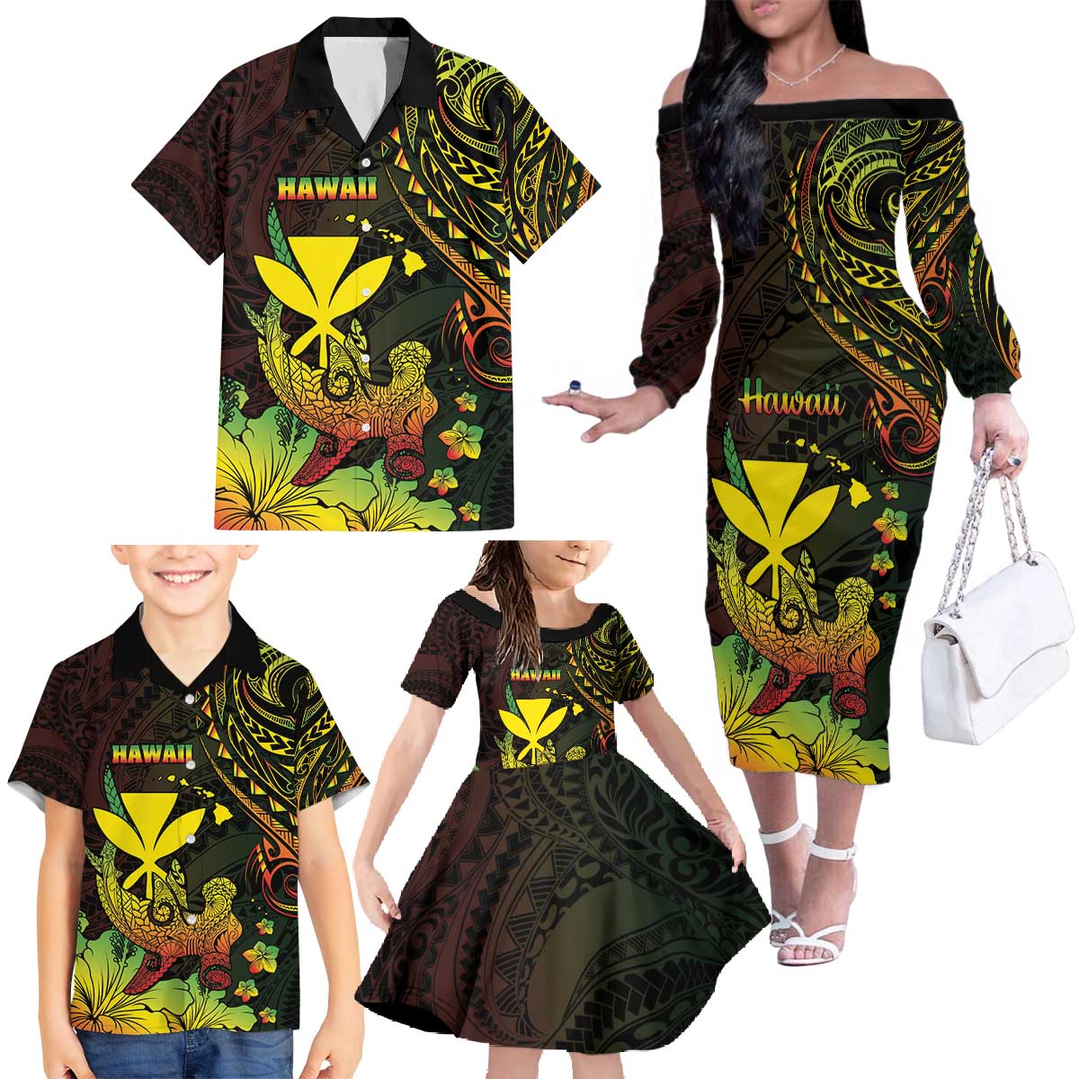 Personalised Hawaii Family Matching Off The Shoulder Long Sleeve Dress and Hawaiian Shirt Kanaka Maoli With Hammerhead Shark DT04 - Polynesian Pride
