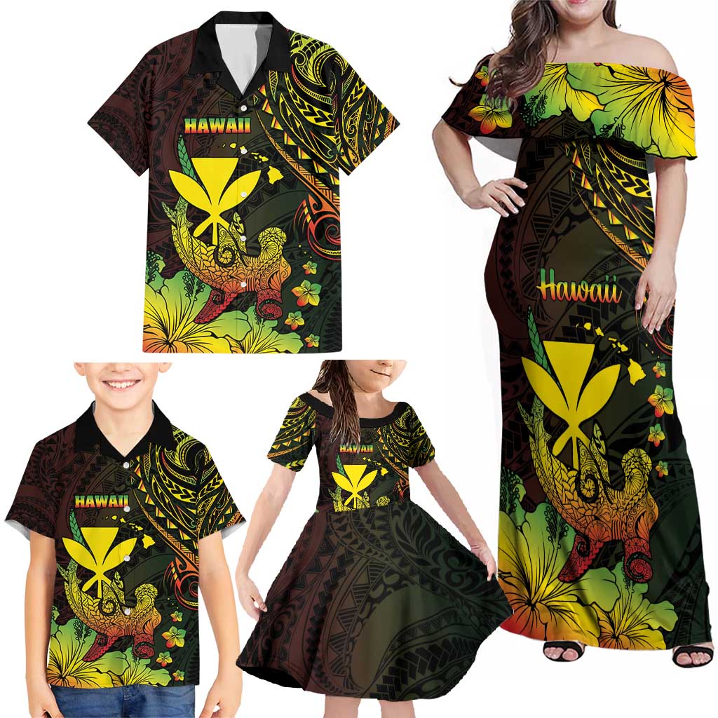 Personalised Hawaii Family Matching Off Shoulder Maxi Dress and Hawaiian Shirt Kanaka Maoli With Hammerhead Shark DT04 - Polynesian Pride