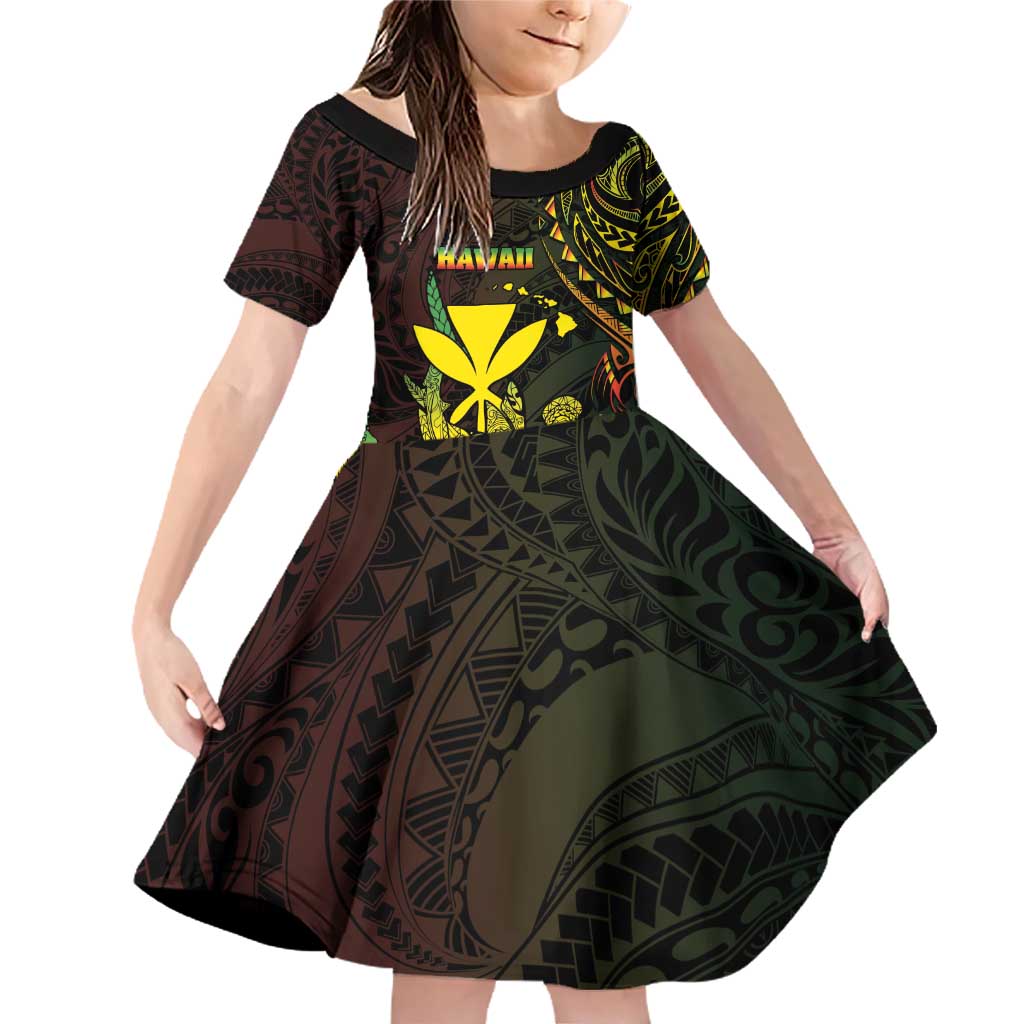 Personalised Hawaii Family Matching Off Shoulder Short Dress and Hawaiian Shirt Kanaka Maoli With Hammerhead Shark DT04 Daughter's Dress Black - Polynesian Pride