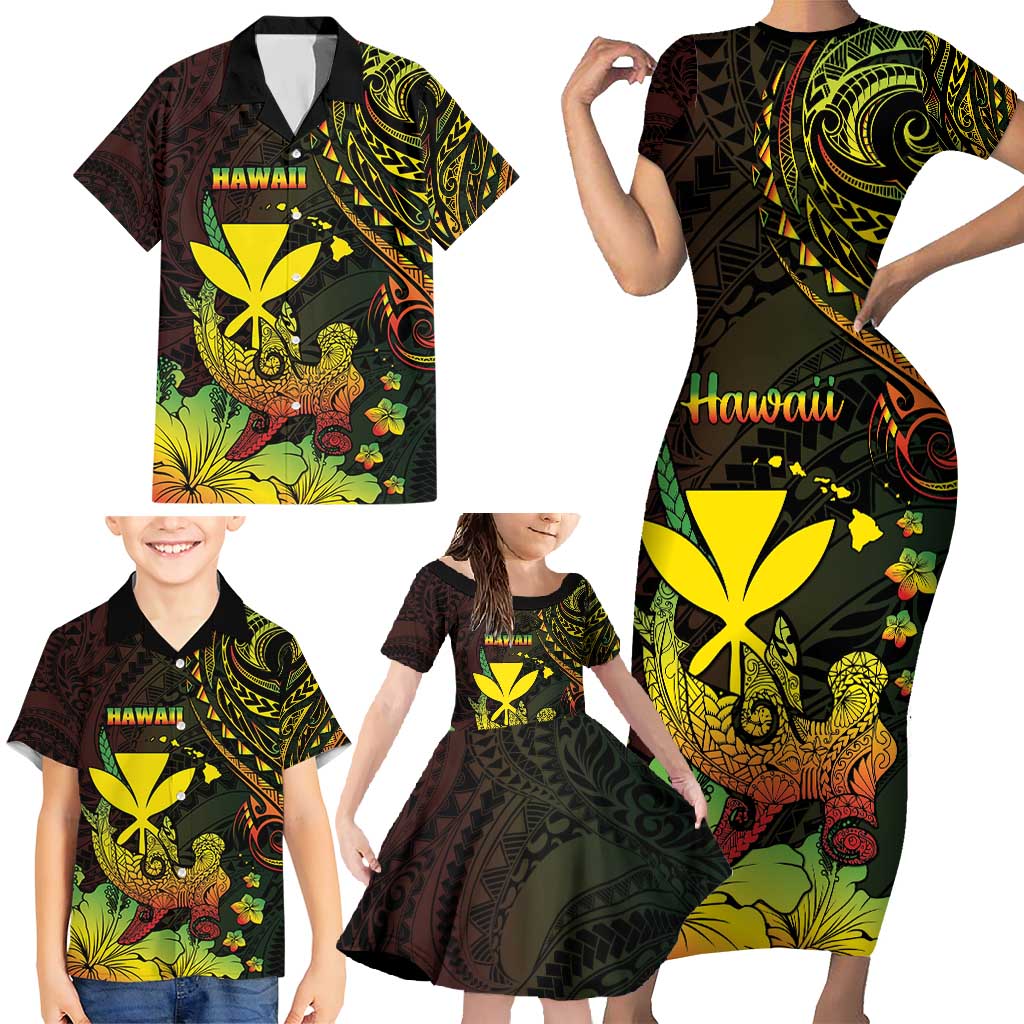 Personalised Hawaii Family Matching Short Sleeve Bodycon Dress and Hawaiian Shirt Kanaka Maoli With Hammerhead Shark DT04 - Polynesian Pride