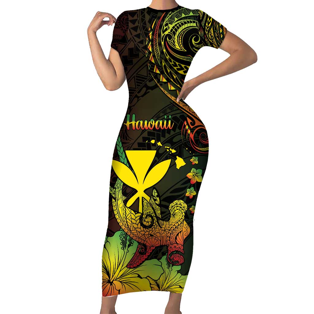 Personalised Hawaii Family Matching Short Sleeve Bodycon Dress and Hawaiian Shirt Kanaka Maoli With Hammerhead Shark DT04 Mom's Dress Black - Polynesian Pride