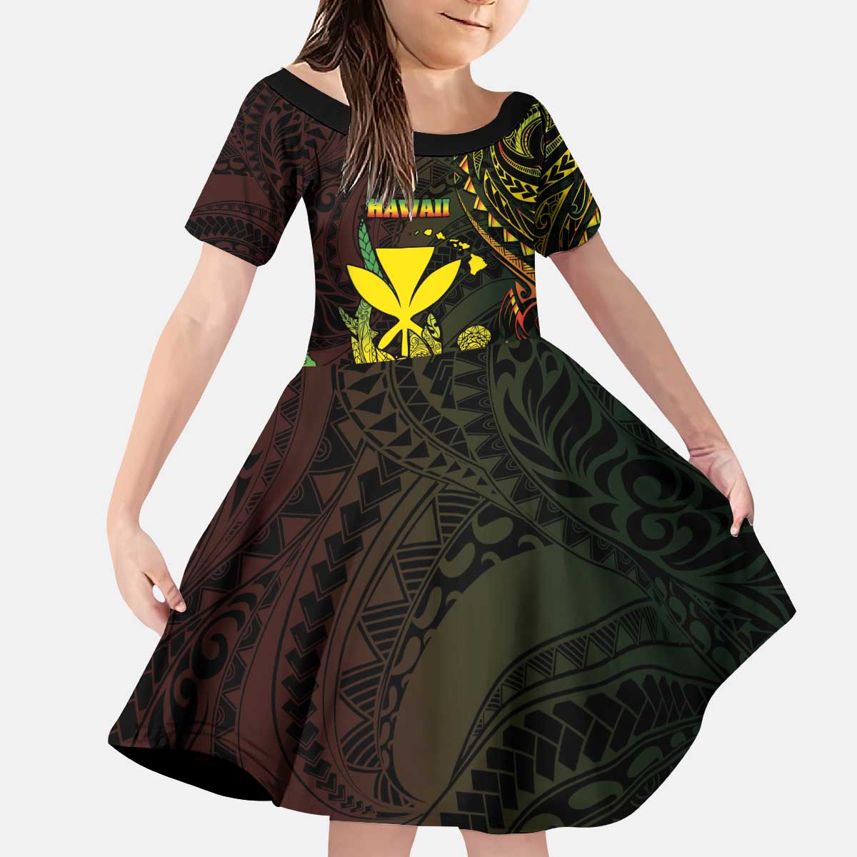 Personalised Hawaii Kid Short Sleeve Dress Kanaka Maoli With Hammerhead Shark