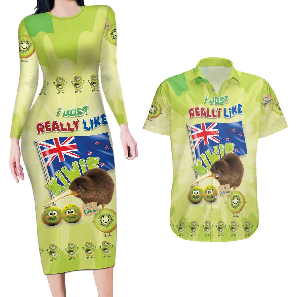 New Zealand Kiwi Couples Matching Long Sleeve Bodycon Dress and Hawaiian Shirt I Just Really Like Kiwis DT04 Green - Polynesian Pride