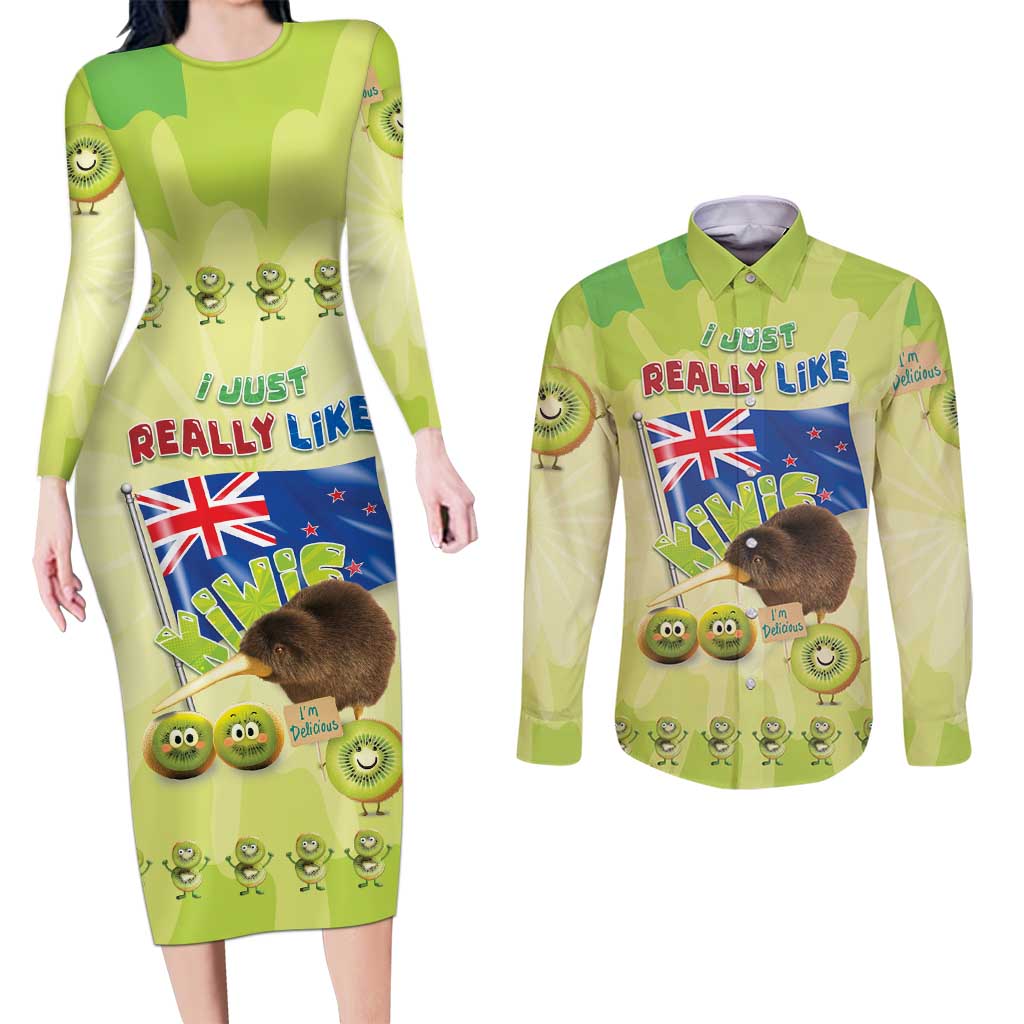 New Zealand Kiwi Couples Matching Long Sleeve Bodycon Dress and Long Sleeve Button Shirt I Just Really Like Kiwis DT04 Green - Polynesian Pride