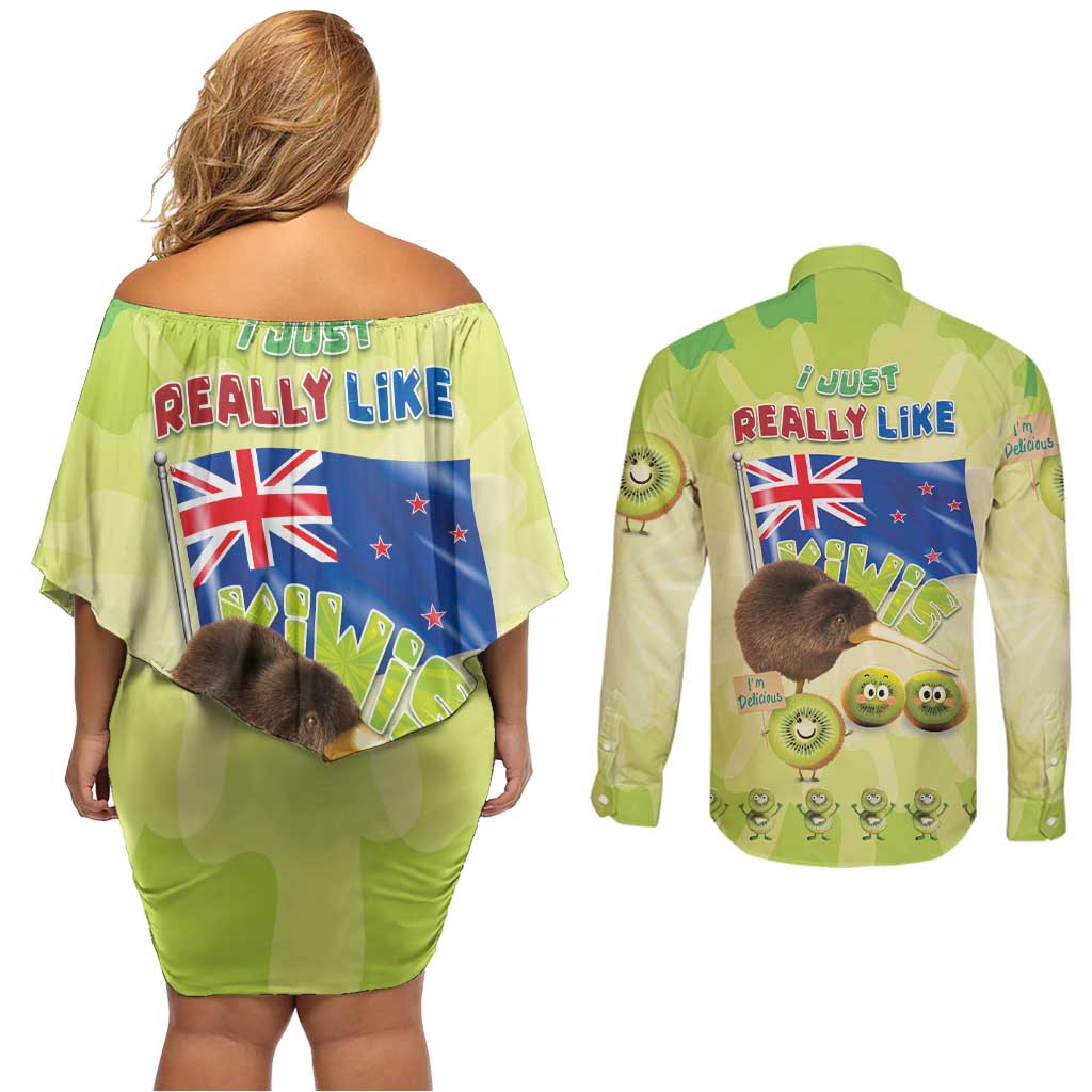 New Zealand Kiwi Couples Matching Off Shoulder Short Dress and Long Sleeve Button Shirt I Just Really Like Kiwis DT04 - Polynesian Pride