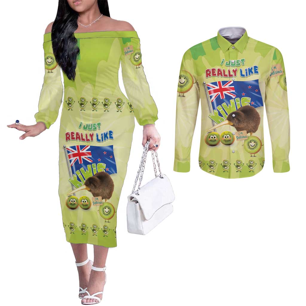 New Zealand Kiwi Couples Matching Off The Shoulder Long Sleeve Dress and Long Sleeve Button Shirt I Just Really Like Kiwis DT04 Green - Polynesian Pride