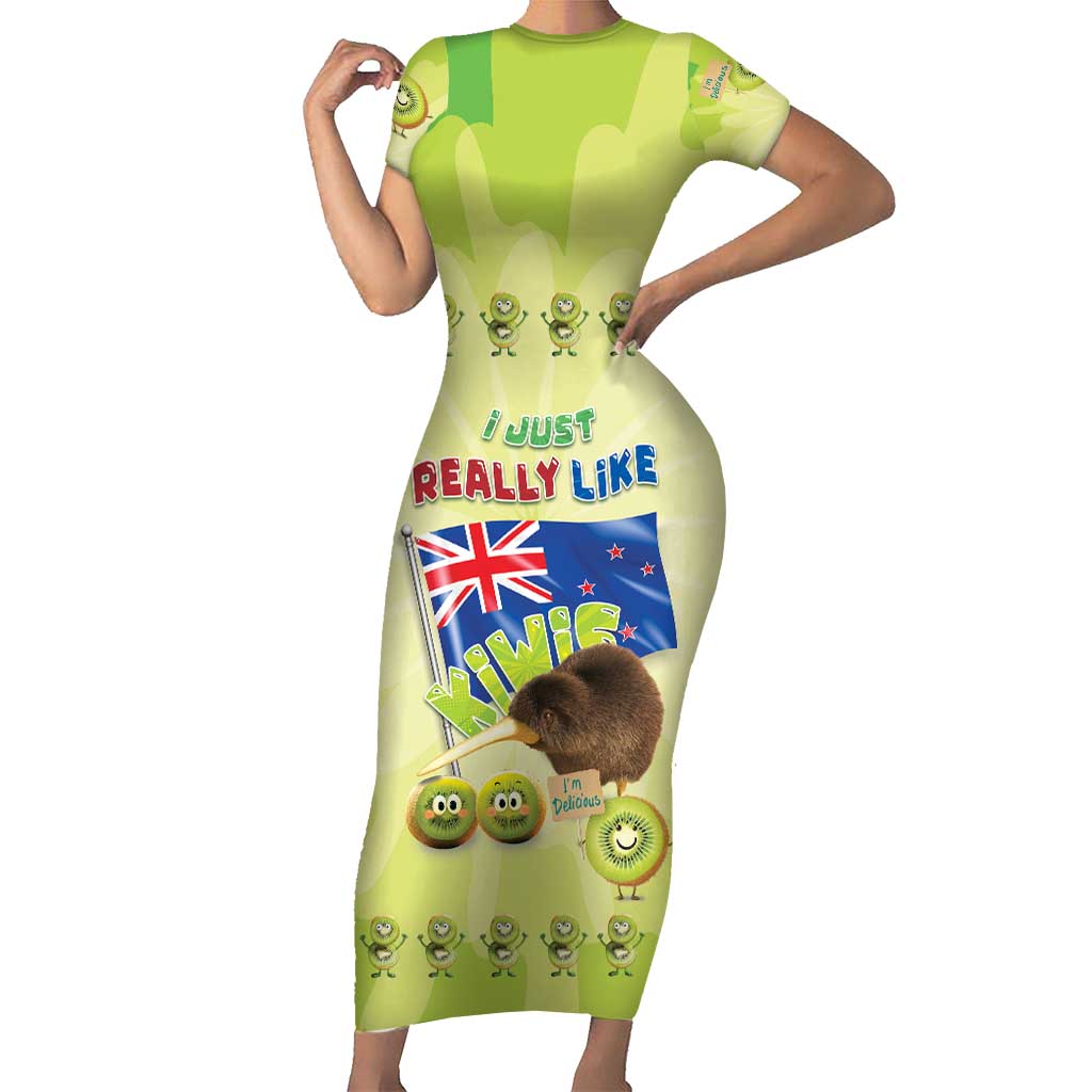 New Zealand Kiwi Short Sleeve Bodycon Dress I Just Really Like Kiwis DT04 Long Dress Green - Polynesian Pride