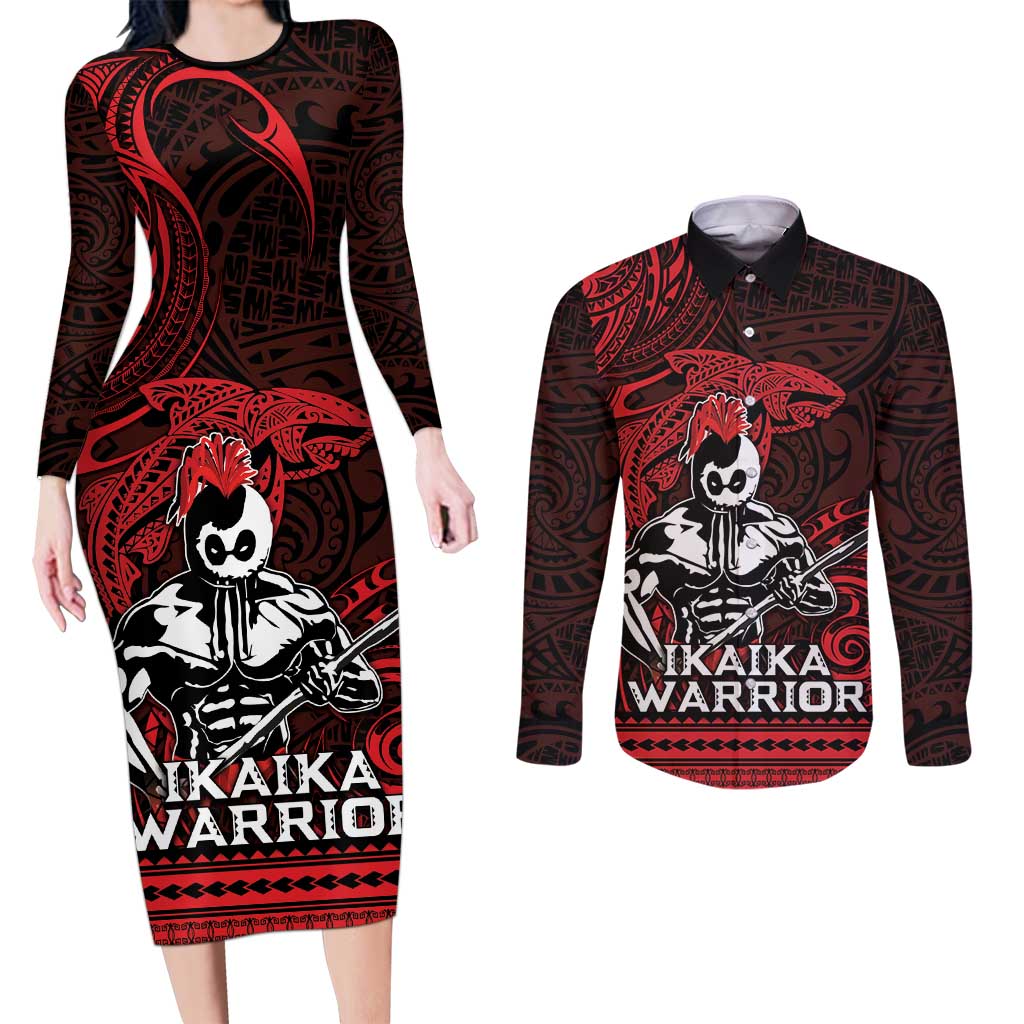 Hawaii Ikaika Warrior Couples Matching Long Sleeve Bodycon Dress and Long Sleeve Button Shirt Hawaiian Tribal Tattoo DT04 Red - Polynesian Pride
