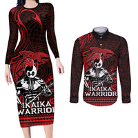 Hawaii Ikaika Warrior Couples Matching Long Sleeve Bodycon Dress and Long Sleeve Button Shirt Hawaiian Tribal Tattoo DT04 Red - Polynesian Pride