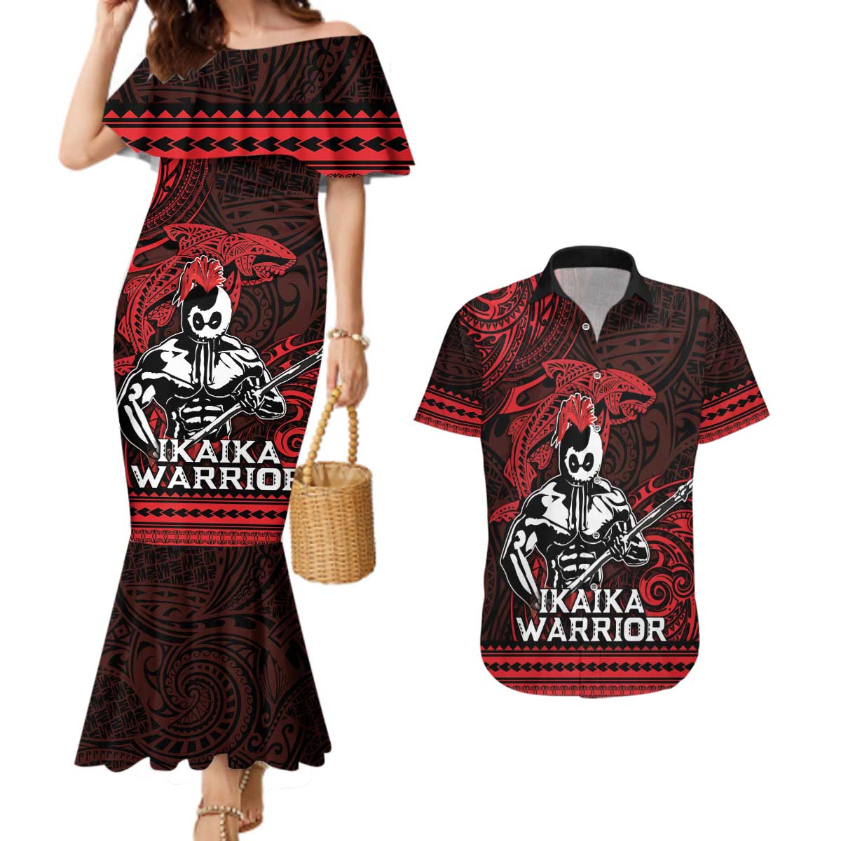 Hawaii Ikaika Warrior Couples Matching Mermaid Dress and Hawaiian Shirt Hawaiian Tribal Tattoo DT04 Red - Polynesian Pride