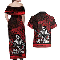 Hawaii Ikaika Warrior Couples Matching Off Shoulder Maxi Dress and Hawaiian Shirt Hawaiian Tribal Tattoo DT04 - Polynesian Pride