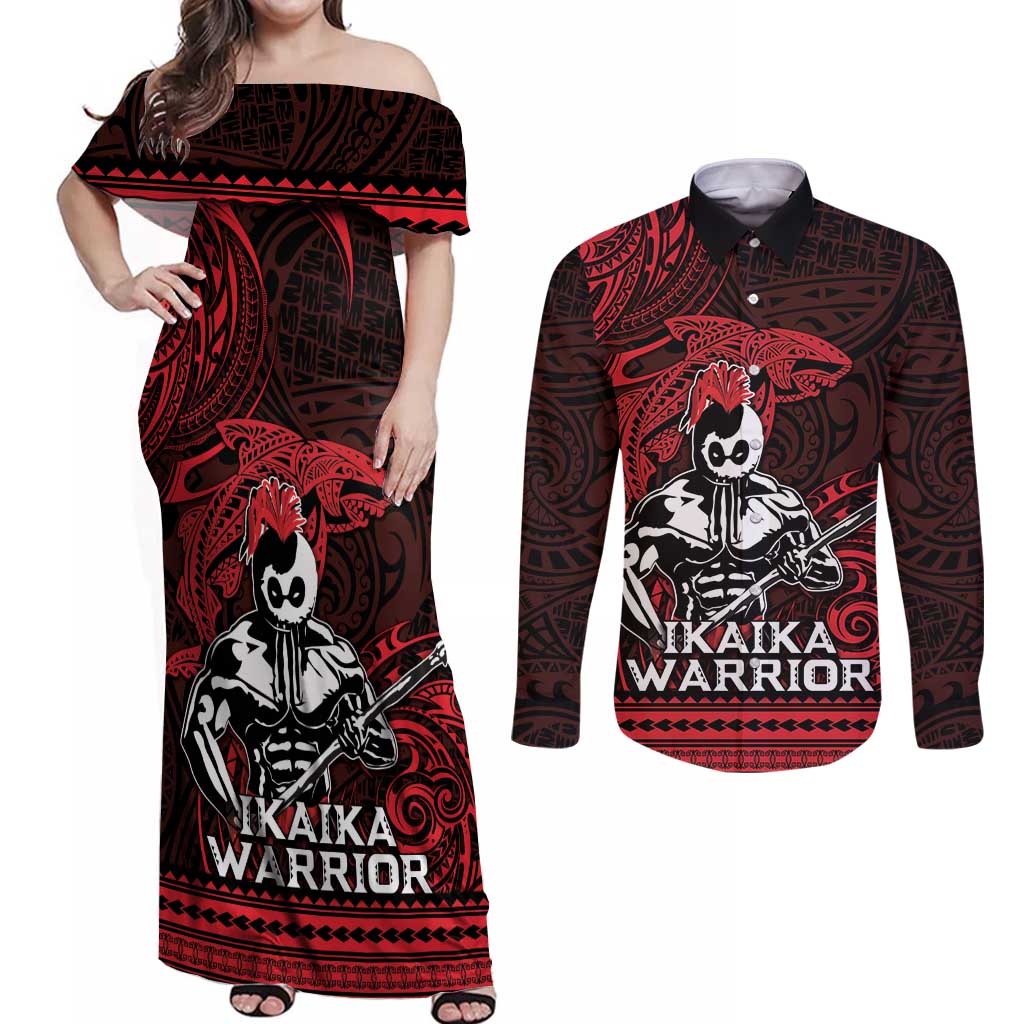 Hawaii Ikaika Warrior Couples Matching Off Shoulder Maxi Dress and Long Sleeve Button Shirt Hawaiian Tribal Tattoo DT04 Red - Polynesian Pride