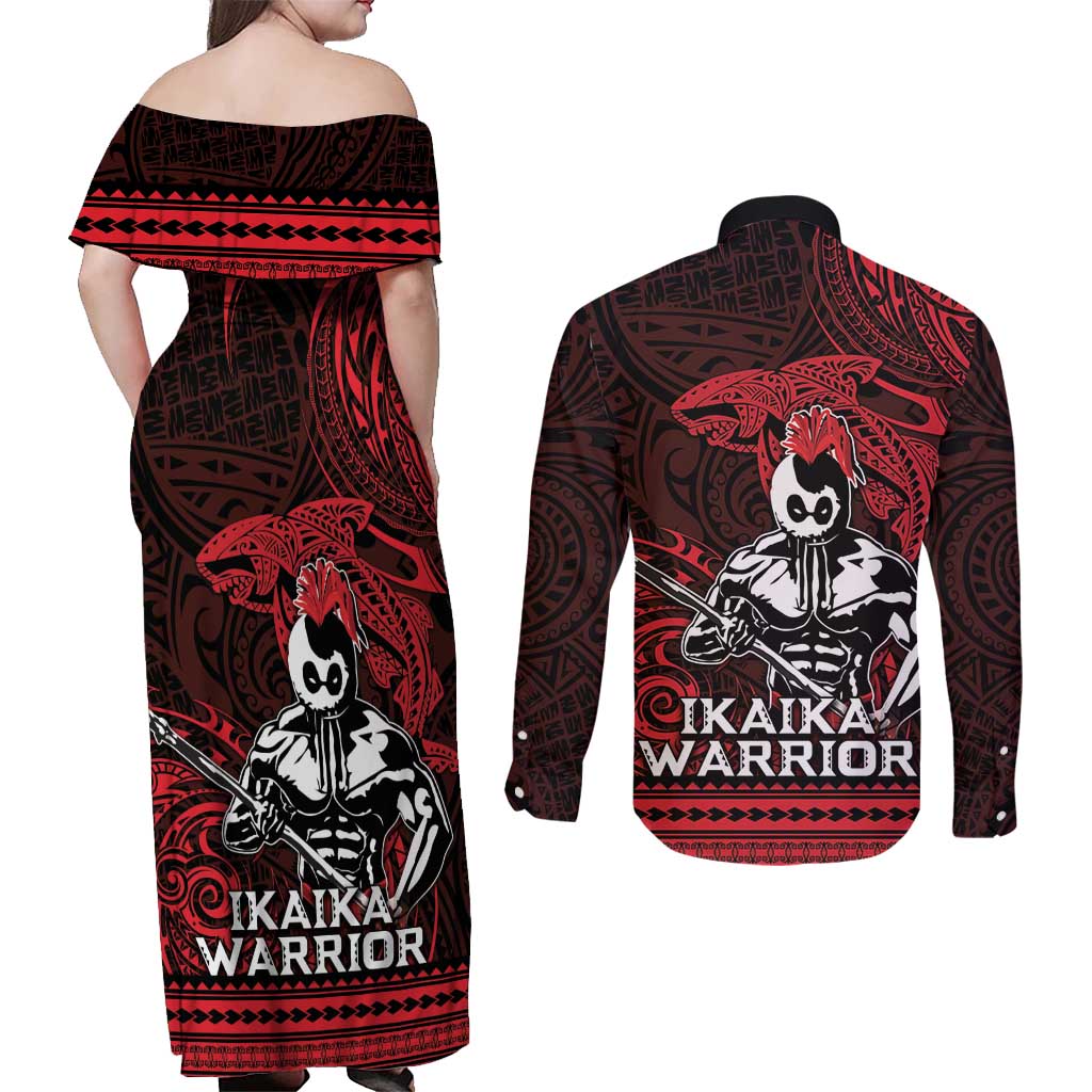 Hawaii Ikaika Warrior Couples Matching Off Shoulder Maxi Dress and Long Sleeve Button Shirt Hawaiian Tribal Tattoo DT04 - Polynesian Pride