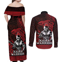 Hawaii Ikaika Warrior Couples Matching Off Shoulder Maxi Dress and Long Sleeve Button Shirt Hawaiian Tribal Tattoo DT04 - Polynesian Pride